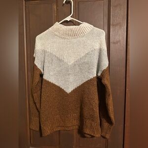 Chevron Colorblock Turtleneck Sweater - Cream and Brown